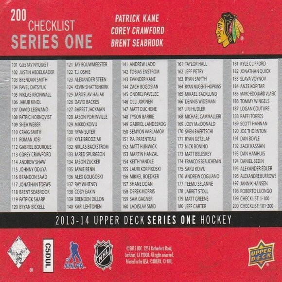Checklist Card - 2013/2014 Upper Deck Series 1 Hockey 101-200 - Card Number 200 - Picture 2 of 2